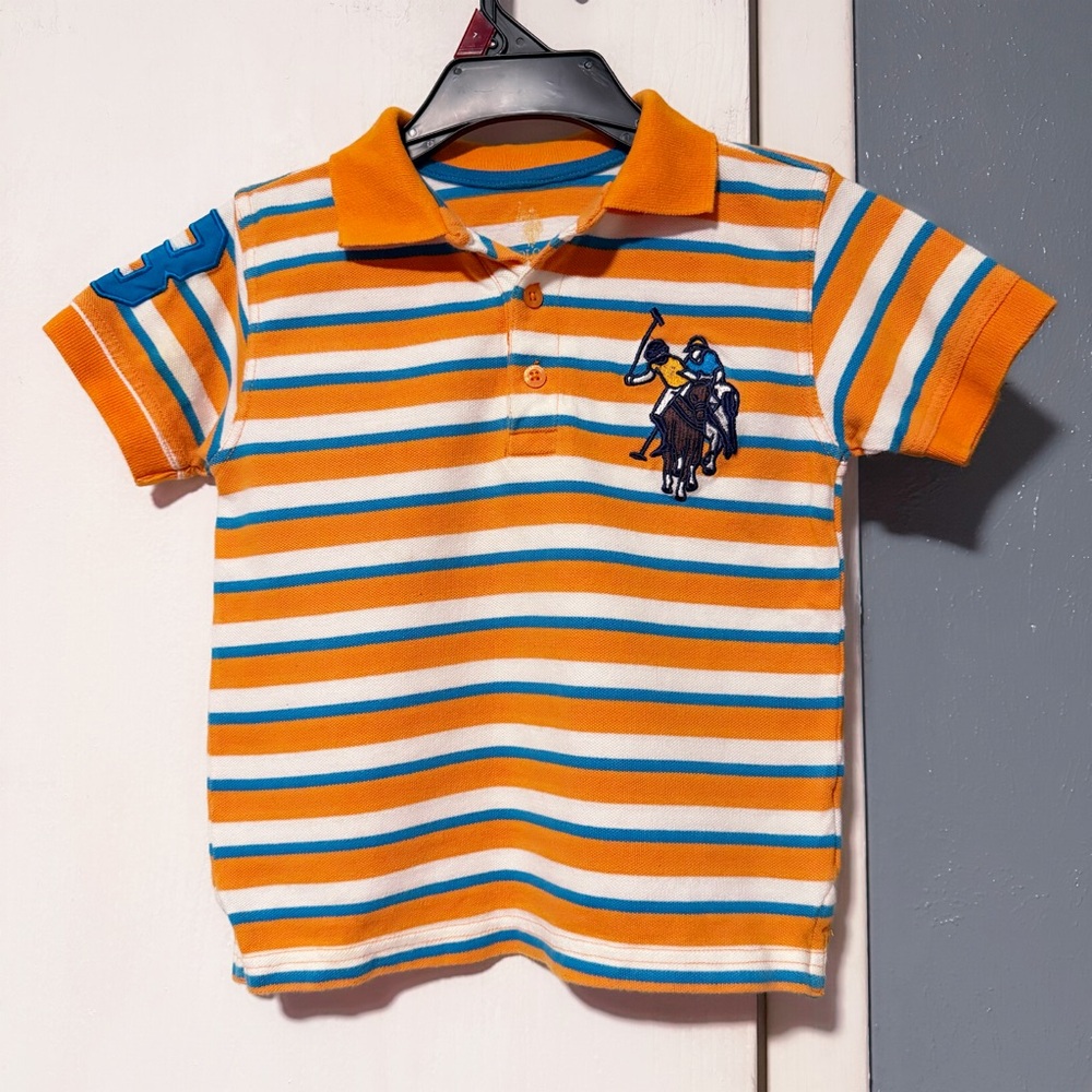 Boys Orange & Blue Striped Polo Shirt - Embroidered Polo Player